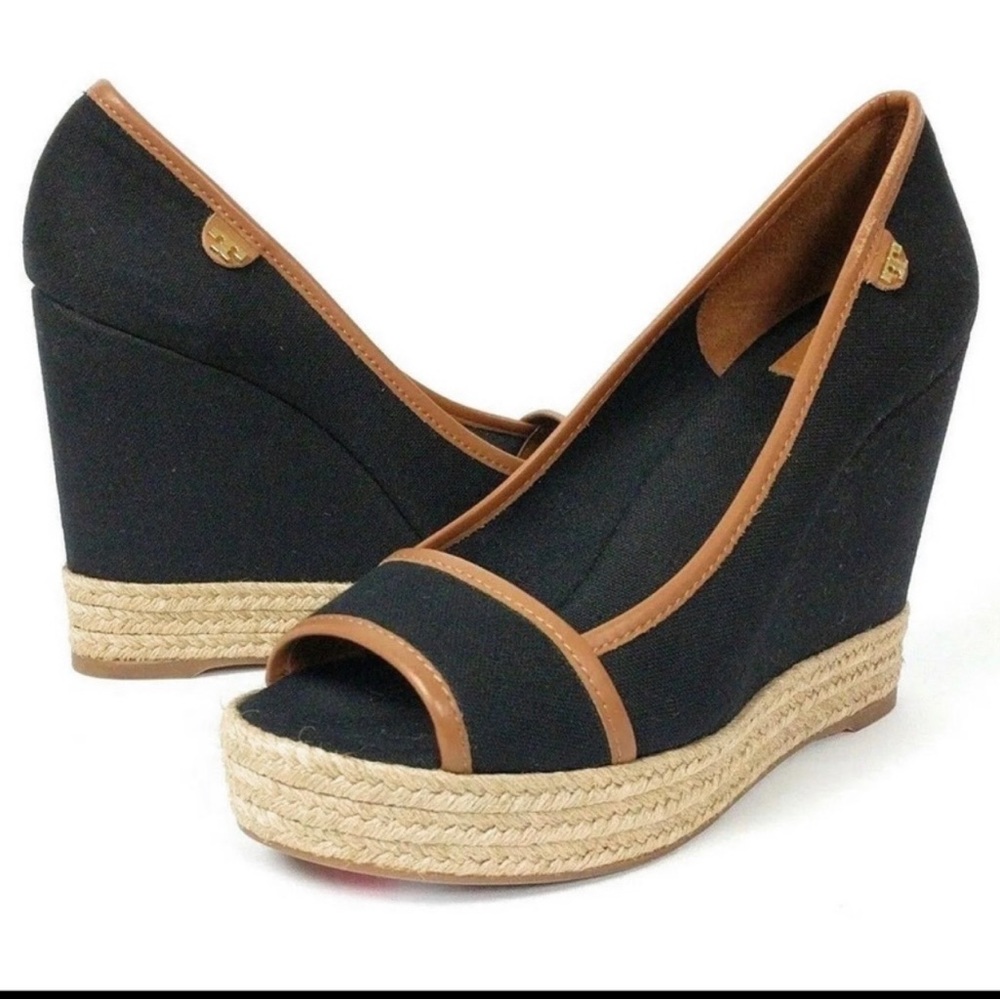 Tory Burch Majorca 85mm Logo Black Tan Wedge 7.5